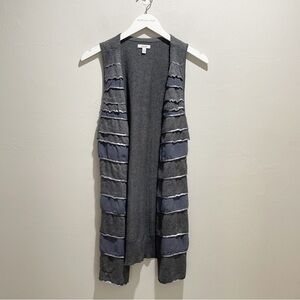 CACHÈ Women’s Gray Knit Sequin Chiffon Stripe Long Length Open Vest Size Medium